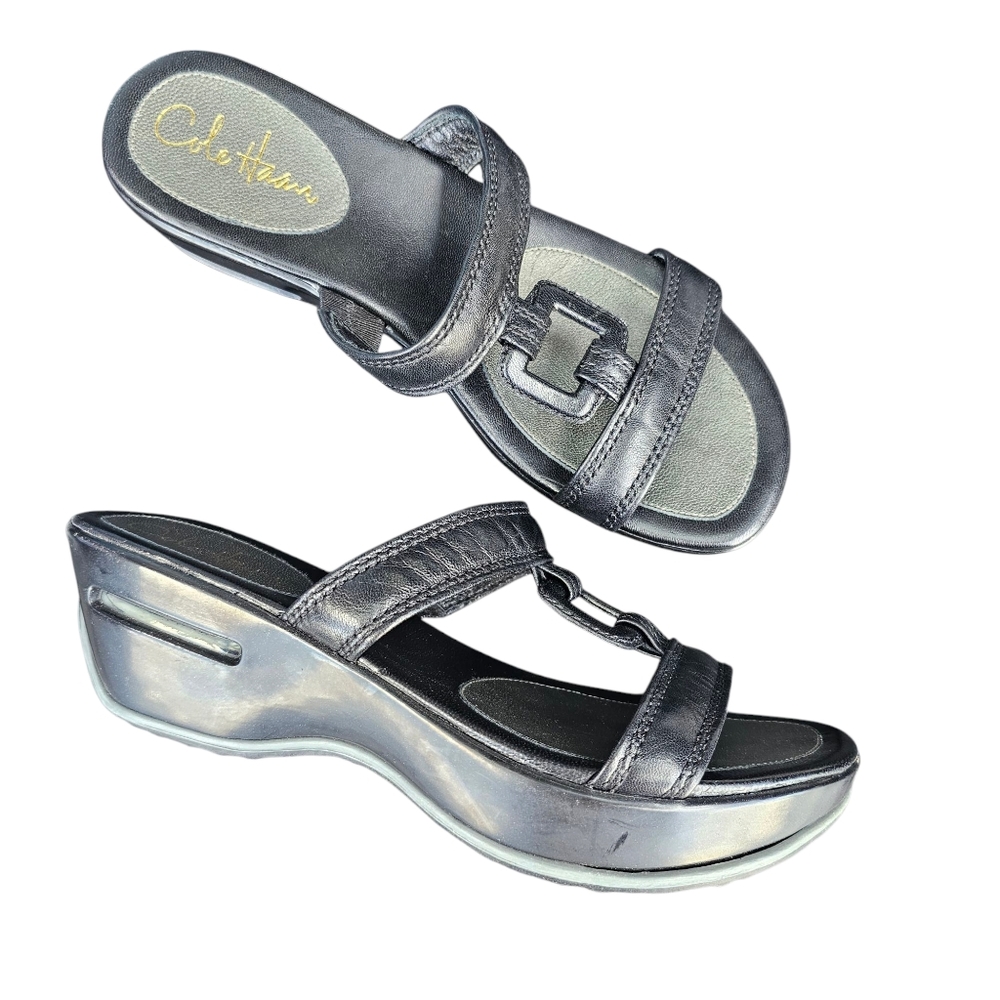 Cole Haan Nike Air Black Open Toe Wedge Black Leather Sandals